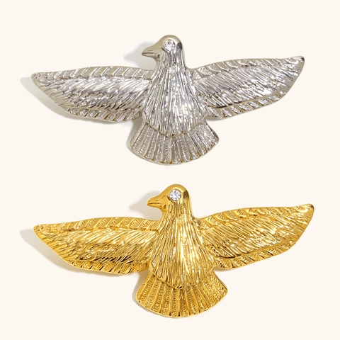 Simple Stainless Steel Bird Brooch With Rhinestone Eye 18K Gold Plated Eagle Animal Lapel Pin For Women Fashion Jewelry