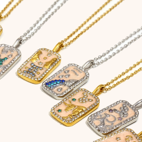 Collier Pendentif Zodiaque en Acier Inoxydable Strass Émail Rectangle Astrologie Douze Constellations Carte Collier Bijoux de Mode pour Femmes