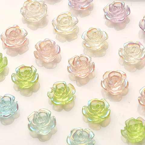 Iridescent Resin Rose Flower Beads Aurora Pearlescent Polished DIY Jewelry Accessories For Nail Art Phone Case Decor Floral Charms