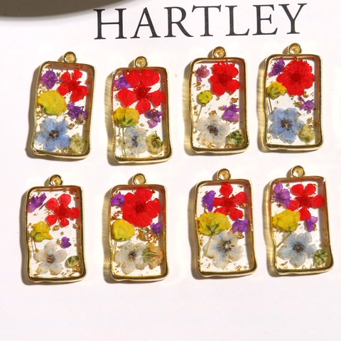 Vintage Forest Style Alloy Resin Dried Flower Rectangle Pendant For DIY Jewelry Making Handmade Botanical Floral Charm