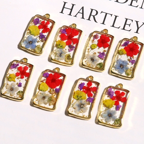 Vintage Forest Style Alloy Resin Dried Flower Rectangle Pendant For DIY Jewelry Making Handmade Botanical Floral Charm