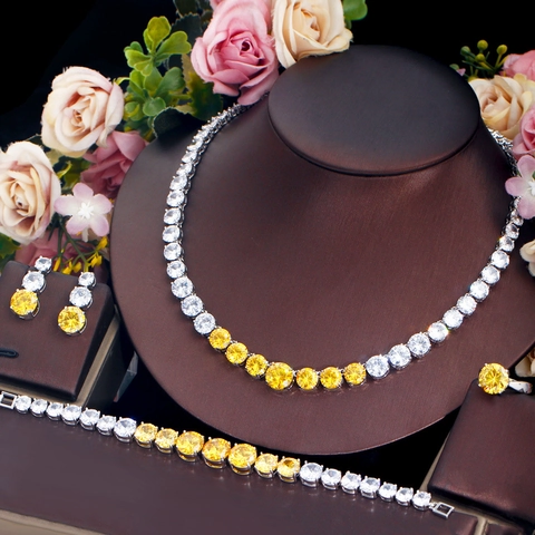 Luxe Koper Zirkonia Sieradensets Voor Dames Rond Geslepen Veelkleurig Tennis Halsketting Armband Ring Oorbellen Set Bruiloft Feest