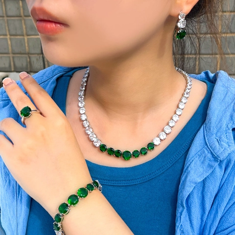Luxe Koper Zirkonia Sieradensets Voor Dames Rond Geslepen Veelkleurig Tennis Halsketting Armband Ring Oorbellen Set Bruiloft Feest