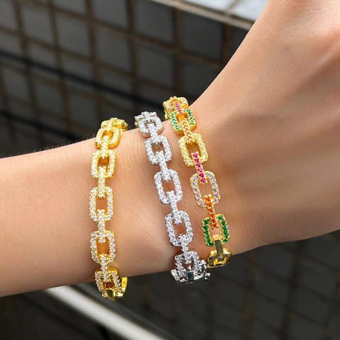 Luxe Messing Micro Zirconia Holle Vierkante Schakelarmband Volledig Strass Gegalvaniseerd Mode Sieraden Voor Vrouwen Cadeau