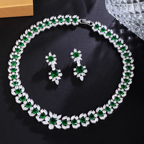 Luxury Emerald Green Zirconia Necklace And Earrings Collection For Women Copper Inlaid Formal Evening Jewelry Accessories