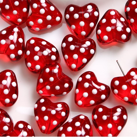 Perline Cuore in Vetro a Lume Rosso con Pois 3D Fatte a Mano Perline Sciolte Forate per Creazione Gioielli Fai da Te Collana Bracciale