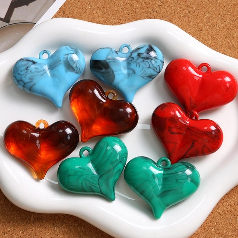 Retro Marbled Acrylic Heart Pendant For DIY Jewelry Making Keychain Bag Accessories Polished Large 3D Heart Charm Jewelry