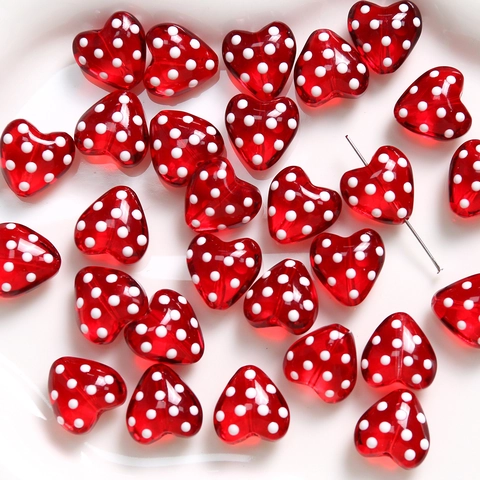 Perline Cuore in Vetro a Lume Rosso con Pois 3D Fatte a Mano Perline Sciolte Forate per Creazione Gioielli Fai da Te Collana Bracciale
