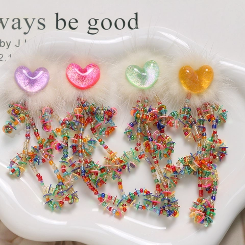 Japanese Sweet Heart Resin Faux Fur Tassel Sequin Bead Pendant For DIY Jewelry Earring Bag Decoration Hanging Ornament