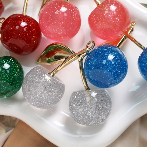 Resin Cherry Pendant With Alloy Leaves Glitter Cherry Charms For DIY Jewelry Making Keychain Bag Hanging Accessories Women Gift
