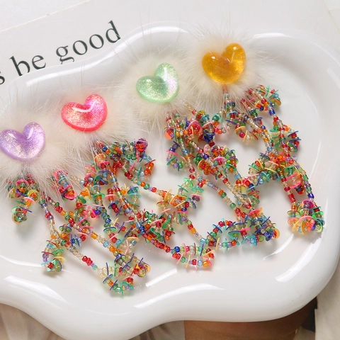 Japanese Sweet Heart Resin Faux Fur Tassel Sequin Bead Pendant For DIY Jewelry Earring Bag Decoration Hanging Ornament
