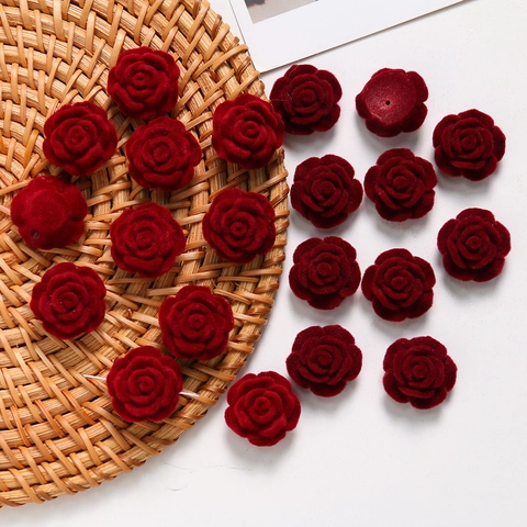 Vintage Wine Red Flocking Rose Flower Beads For DIY Jewelry Making Acrylic Resin Rose Floral Charms For Earrings Accessories