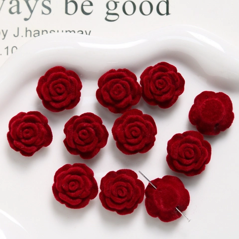 Vintage Wine Red Flocking Rose Flower Beads For DIY Jewelry Making Acrylic Resin Rose Floral Charms For Earrings Accessories