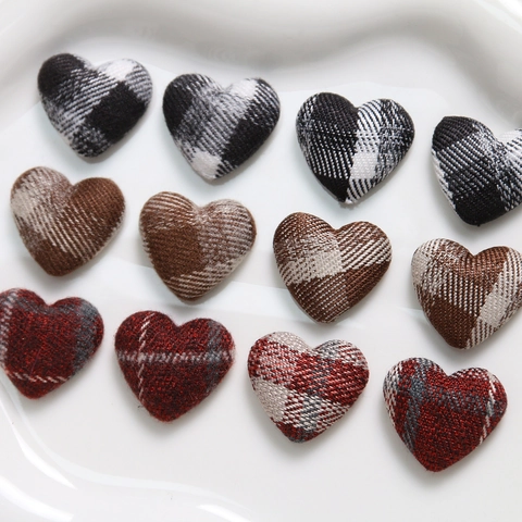 Botones de Corazón de Tela de Cuadros Vintage Acolchados Cubiertos de Tela Metal Joyería DIY Pendiente Tocado Accesorios para el Cabello