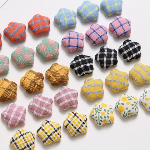 Japanisch Süß Sternförmige Stoffüberzogene Knöpfe Karo Blumenmuster Für DIY Nähen Schmuckherstellung Haarschmuck Dekoration
