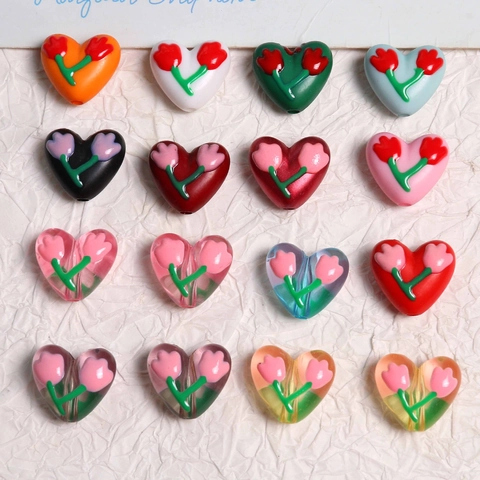DIY Resin Heart Shaped Beads With Relief Tulip Flower Korean Sweet Heart Loose Beads For Keychain Jewelry Accessories