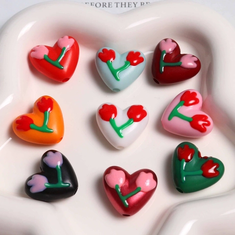 DIY Resin Heart Shaped Beads With Relief Tulip Flower Korean Sweet Heart Loose Beads For Keychain Jewelry Accessories