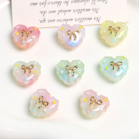 Resin Heart Charms With Golden Bow Glitter Macaron Gradient Heart Shaped DIY Beads For Earrings Hair Jewelry Making Accessories