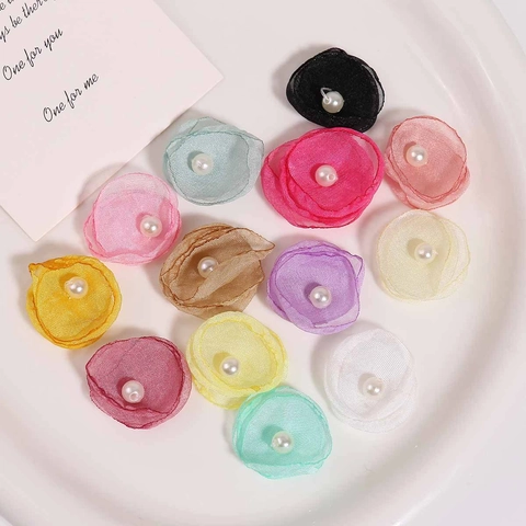 Handmade Mesh Organza Flower With Faux Artificial Pearl DIY Earring Making Material Korean Sweet Floral Jewelry Accessory For Women