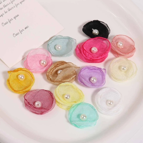 Handmade Mesh Organza Flower With Faux Artificial Pearl DIY Earring Making Material Korean Sweet Floral Jewelry Accessory For Women