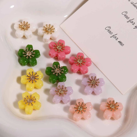 Korean Fresh Colorful Resin Flower Beads Alloy Stamen DIY Jewelry Making Accessories For Earrings Bracelet Necklace Handmade Charms