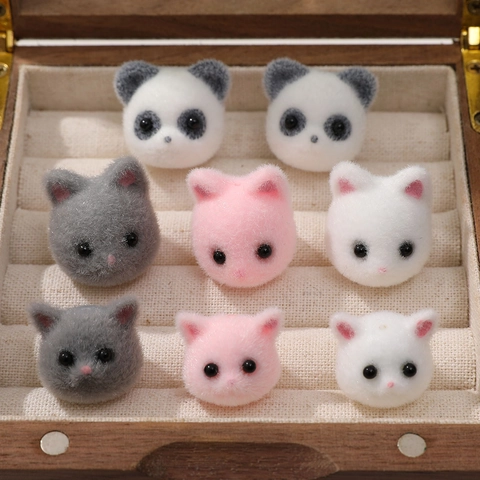 Cartoon Flocked Animal Head Resin Beads Cute Panda Cat Mouse 3D Charms For DIY Earring Hairclip Phone Case Accessories