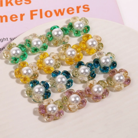 Transparent Resin Flower Charms With Dried Flowers Gold Foil Artificial Pearl Center For DIY Earrings Hair Jewelry Making Accessories
