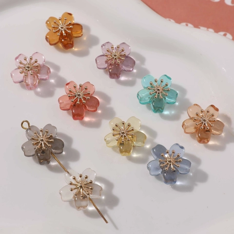 Translucent Resin Flower Beads With Gold Alloy Center Five Petal Cherry Blossom For DIY Jewelry Making Earrings Bracelet