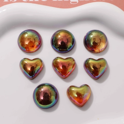 Iridescent Resin Heart Round Flatback Cabochons For DIY Jewelry Making Phone Case Accessories Retro Rainbow Electroplated Resin Decor Patches