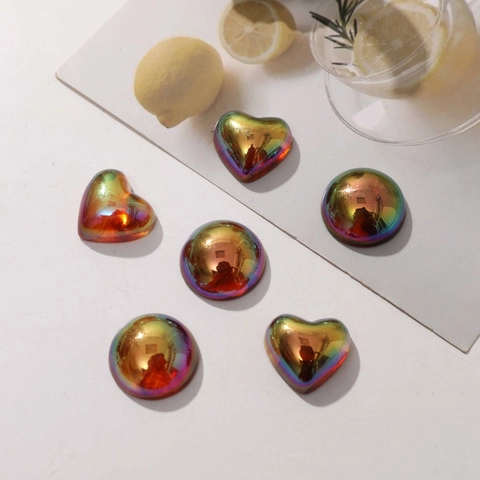 Iridescent Resin Heart Round Flatback Cabochons For DIY Jewelry Making Phone Case Accessories Retro Rainbow Electroplated Resin Decor Patches