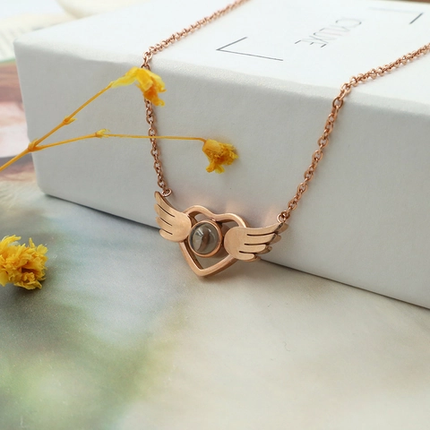 Stainless Steel Heart Angel Wings Projection Necklace For Women Rose Gold I Love You In 100 Languages Pendant Jewelry Gift