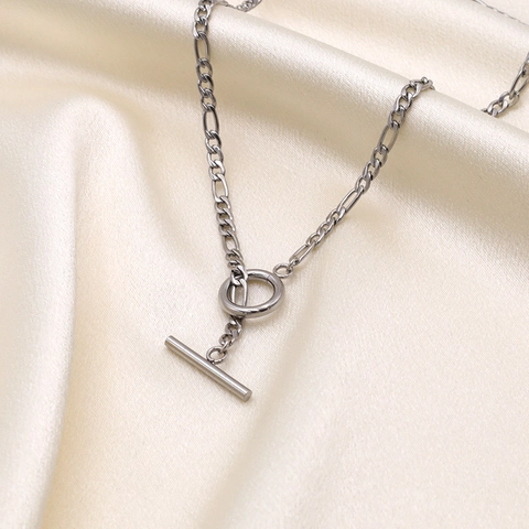 Moderne Edelstahl Figarokette Halskette Für Damen Silber Farbe Hip Hop Schmuck Mit Stilvollem Knebelverschluss T-Bar Verschluss