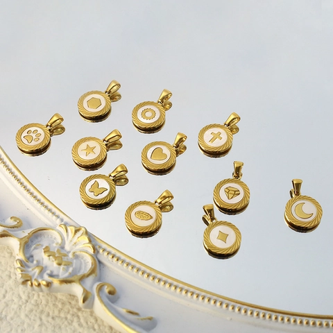 Stainless Steel Round Disc Pendant Necklace With Shell Inlay Star Heart Evil Eye Pattern Bohemian Gold Plated Charm Jewelry For Women Gift