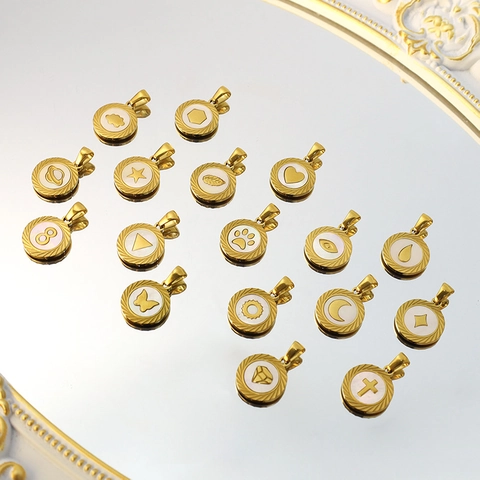 Anhänger Edelstahl Rund Perlmutt Goldbeschichtet Stern Herz Mond Himmlisches Symbol Minimalistischer DIY Schmuck Anhänger