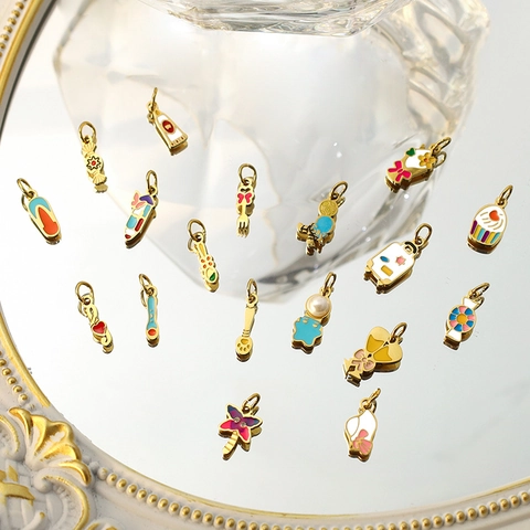 Titanstahl Emaille Cartoon Anhänger Für DIY Schmuckherstellung Süße Frucht Tier Reise Tasche Anhänger Gold Galvanisiert Tropföl Anhänger