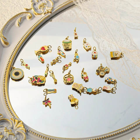 Titanstahl Emaille Cartoon Anhänger Für DIY Schmuckherstellung Süße Frucht Tier Reise Tasche Anhänger Gold Galvanisiert Tropföl Anhänger