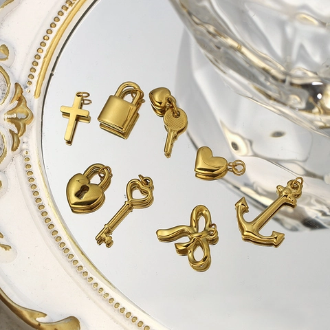 Vergoldeter Edelstahl Runder Anhänger Halskette Charm Für Damen Minimalistisch Kreuz Herz Schlange Sonne Böser Blick DIY Schmuck Zubehör