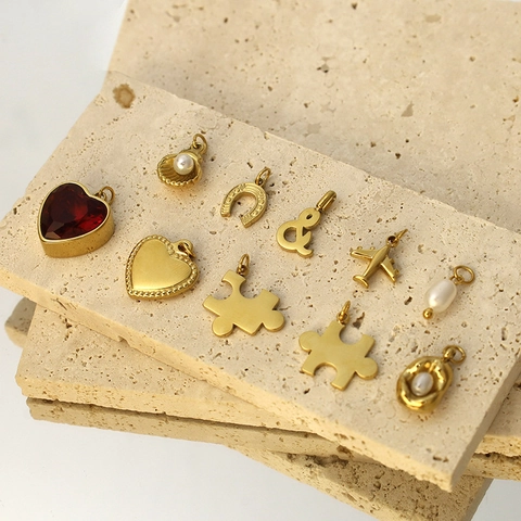 Minimalist Stainless Steel Puzzle Heart Airplane Pendant Necklace Gold Plated Artificial Pearl Rhinestone Jewelry For Couples Women Men