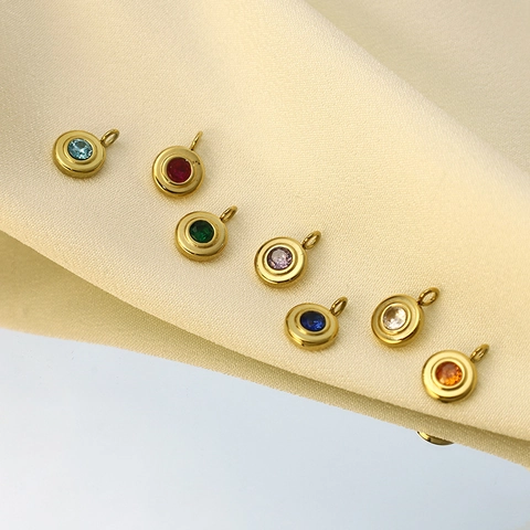Edelstahl Rund Zirkonia Geburtsstein Anhänger 18K Vergoldet DIY Schmuck Personalisierte Halskette Für Damen Geschenk