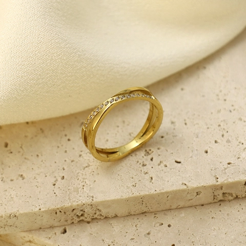 Edelstahl Überkreuzter Strass Ring Für Damen Minimalistisch Geometrisch Doppelschicht Fingerring Mode Schmuck Accessoire