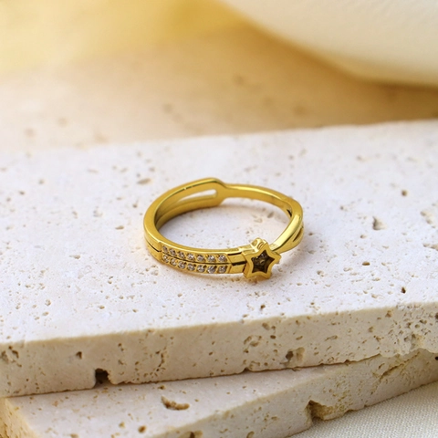 Mode Edelstahl Stern Strass Ring Für Damen Chic Leichter Luxus Gold Silber Farbe Doppelreihig Eingelegter Fingerring