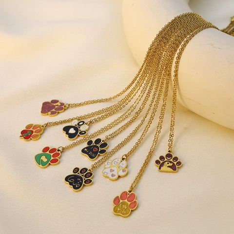 Titanstahl Haustier Pfotenabdruck Anhänger Halskette Gold Plattiert Emaille Hund Mama Katze Fußabdruck Schmuck Geschenk Damen