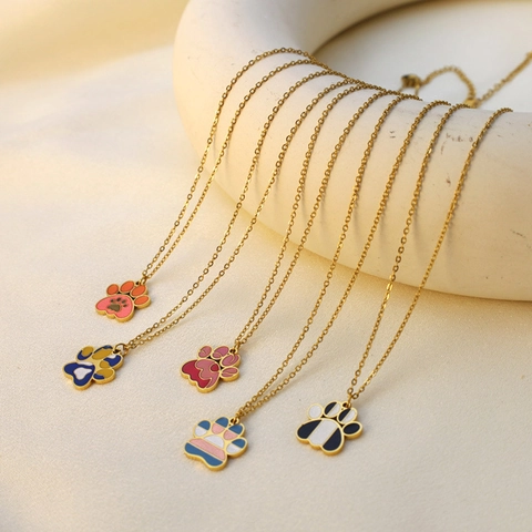 Minimalist Stainless Steel Cat Paw Pendant Necklace Enamel Animal Footprint Clavicle Chain Gold Plated Sweet Jewelry For Women