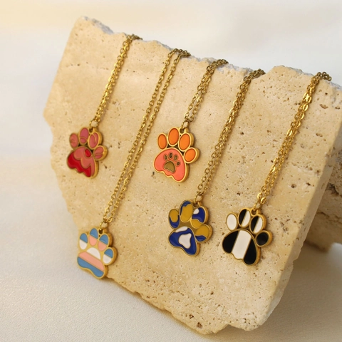 Minimalist Stainless Steel Cat Paw Pendant Necklace Enamel Animal Footprint Clavicle Chain Gold Plated Sweet Jewelry For Women