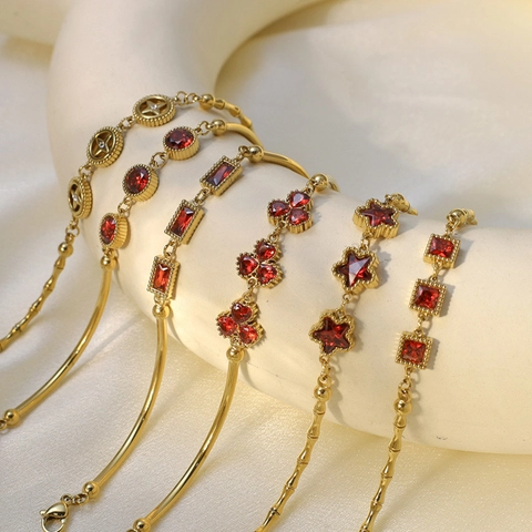 Vintage Edelstahl Roter Strass Armband Für Damen Gold Silber Plattiert Geometrisch Stern Herz Gliederkette Armband Schmuck