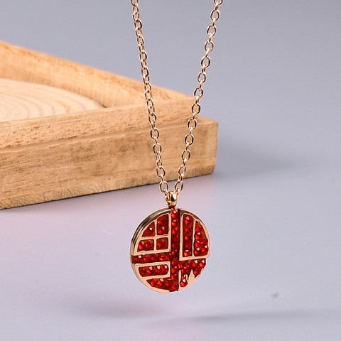 Collana con Ciondolo a Forma di Carattere Fu in Stile Cinese Vintage per Donna Acciaio Inossidabile Placcato Oro Tondo Fortuna Strass Rosso Gioielli