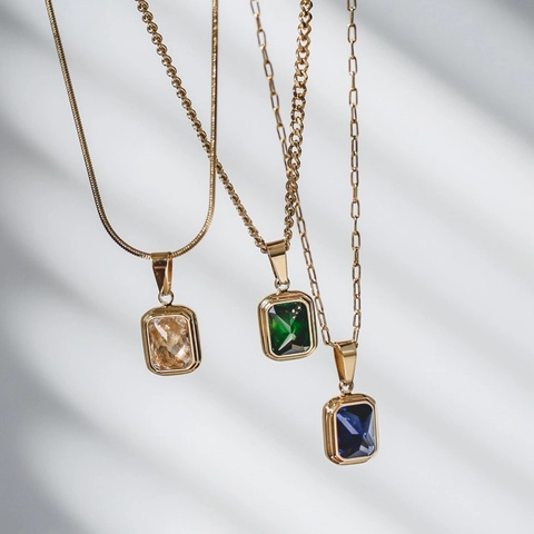 Vintage 18K Vergoldet 316L Edelstahl Anhänger Halskette Für Damen Smaragd Schliff Rechteckige Zirkonia Schlüsselbein Kette Schmuck