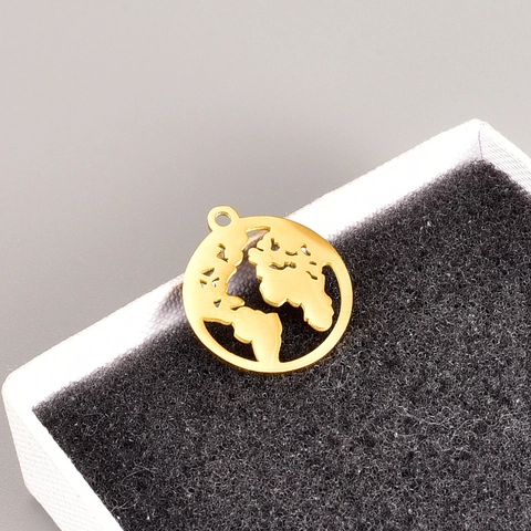Ciondolo Mappa del Mondo Traforato Circolare in Acciaio Inossidabile Charm per Creazione Collane DIY Oro 18K Acciaio al Titanio
