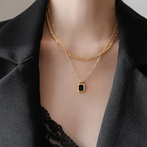 Vintage Titanium Stalen Dubbellaagse Halsketting Voor Dames 18K Vergulde Figaro Ketting Geometrische Vierkante Hanger Sieraden Cadeau