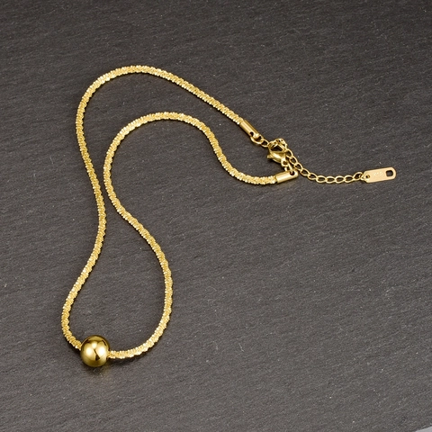 Minimalist 18K Gold Plated Titanium Steel Round Bead Pendant Necklace With Gypsophila Texture Chain For Women Jewelry